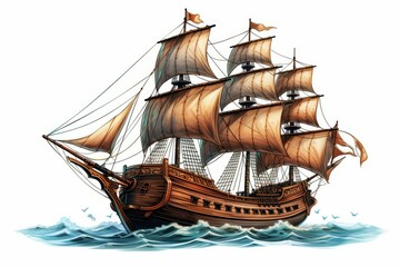 Carrack sailing ship, a type of merchant vessel, navigating through rough seas with sails fully deployed