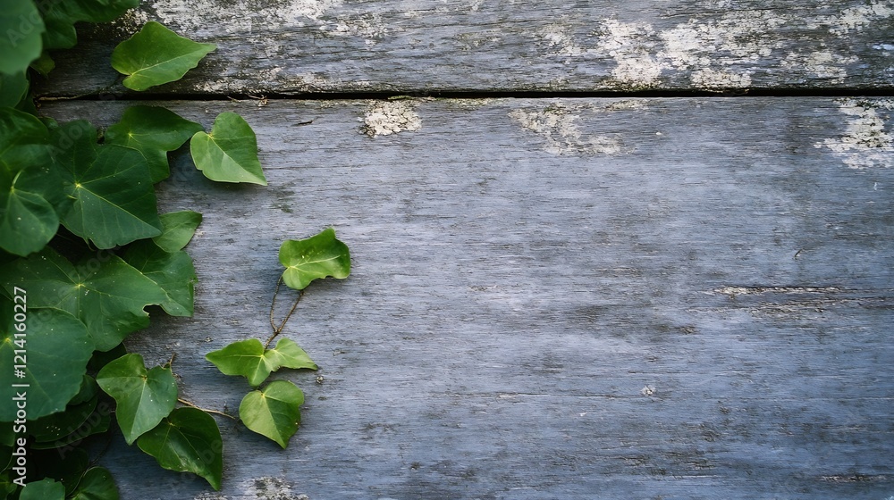Poster natural ivy leaves on rustic wooden surface background texture image : generative ai