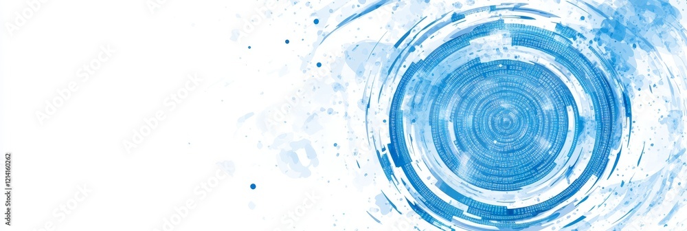 Poster digital whirl swirling binary code in light blue and white gradient on white background
