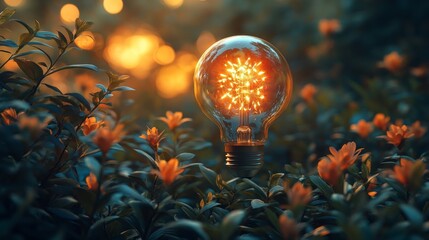 Lightbulb glowing in a floral garden at dusk
