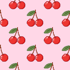 Seamless pattern with cherries and leaves on a pink background. Hand drawn vector illustration in pixel style for wrapping paper, textile, fabric.