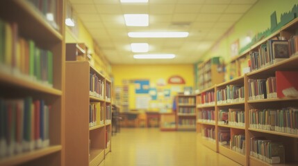 Fototapeta premium Blurred view of a colorful library interior with bookshelves filled with books.