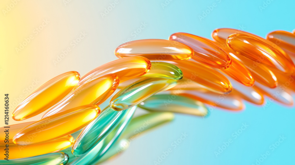 Aufkleber a dynamic close-up photograph of vitamins and minerals pills cascading down a glass surface, capturi