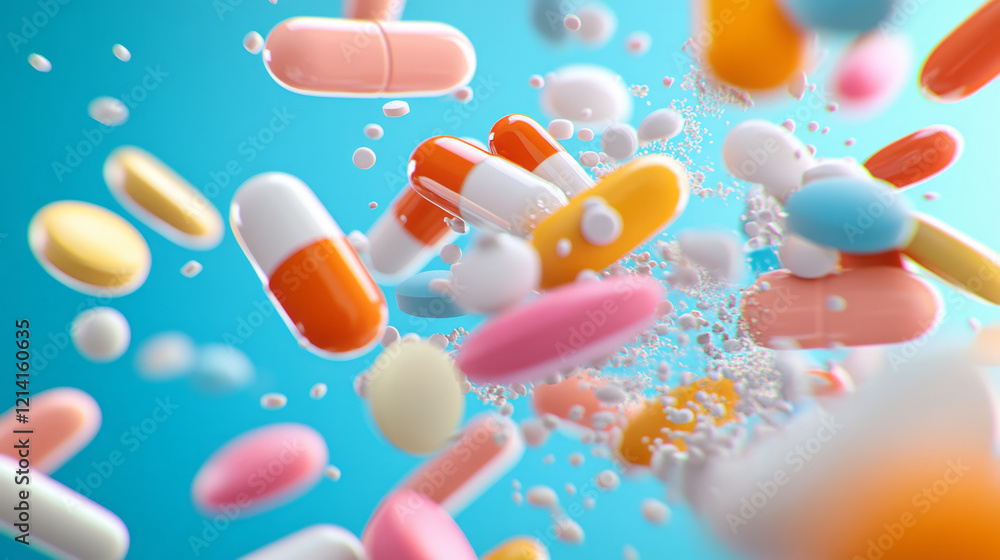 Aufkleber a dynamic close-up photograph of vitamins and minerals pills cascading down a glass surface, capturi