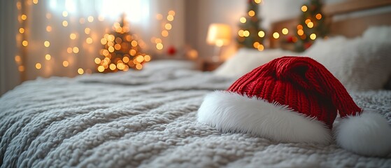 Cozy Christmas bedroom with Santa hat.