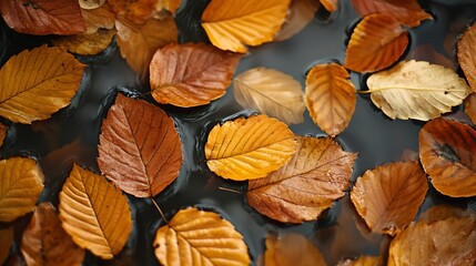 CloseUp of Floating Autumn Leaves in Calm Water on a Tranquil Day : Generative AI