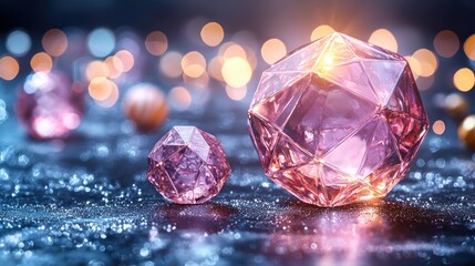 Fototapeta premium Radiant Pink Gemstones Sparkling on Dark Surface with Dreamy Bokeh Lights