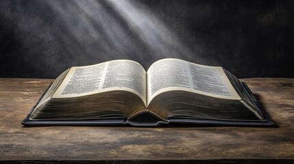 Open Book with Light Rays on Wooden Table Surrounded by Darkness