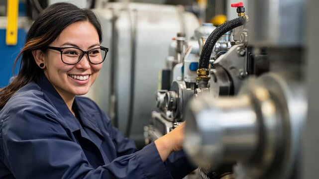 A woman machine operator smiles as she navigates a high-capacity compressor, powering critical tools for industrial production