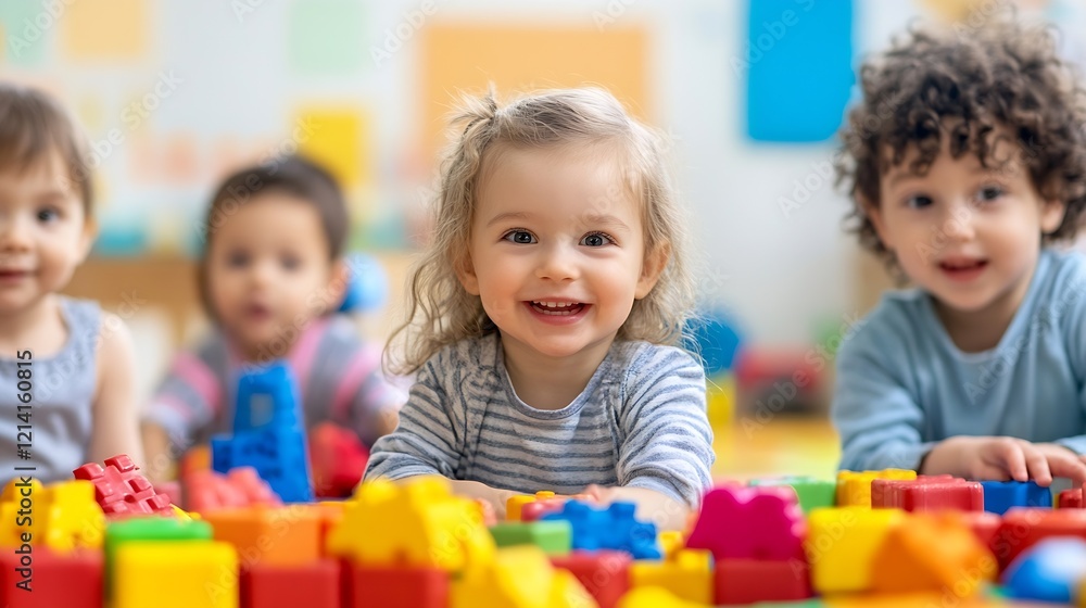 Aufkleber group of joyful toddlers playing with colorful building blocks in daycare : generative ai