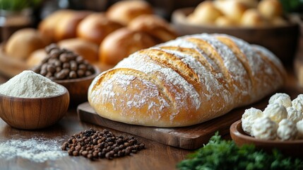 Naklejka premium Freshly baked bread with ingredients on a rustic table