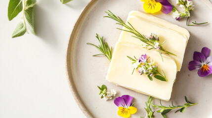 Seasonal herb butter with fresh rosemary and edible flowers for culinary inspiration