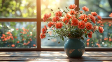 Bouquet of fresh orange flowers in a sunlit vase