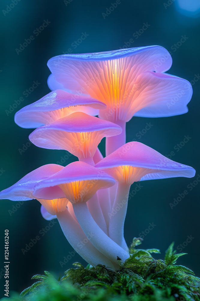 Leinwandbilder an artistic macro shot of a cluster of delicate fairy mushrooms with translucent caps, set against a