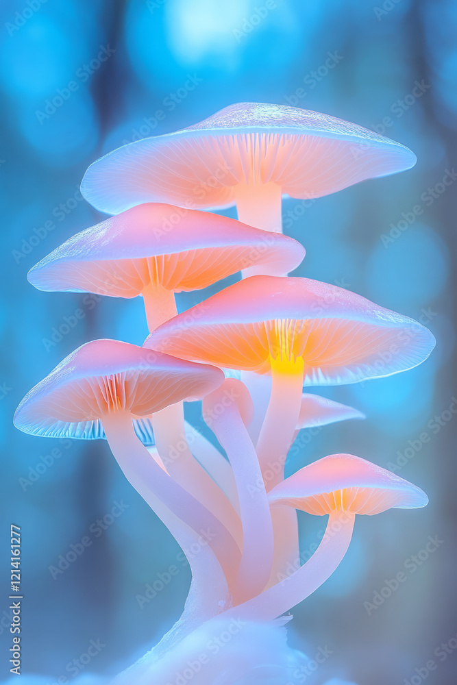 Poster an artistic macro shot of a cluster of delicate fairy mushrooms with translucent caps, set against a