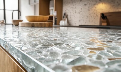Glass tile counter top with wooden bowls and backdrop.