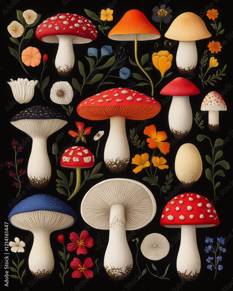 Aufkleber A creative close-up of colorful toadstools arranged in a symmetrical pattern on a vibrant floral background, emphasizing their natural beauty and symmetry,