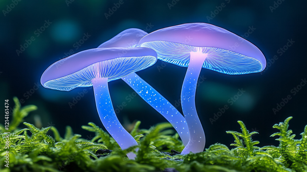 Poster a serene macro photograph of bioluminescent mushrooms glowing softly in the dark, surrounded by lush
