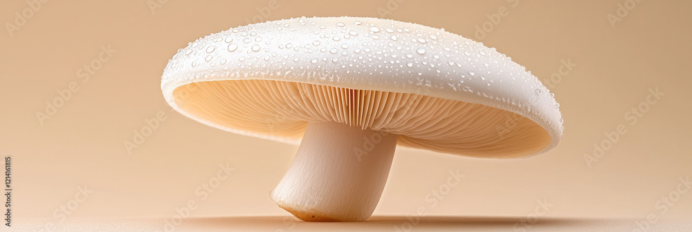 Aufkleber a minimalist close-up of a white button mushroom with water droplets on its cap, set against a clean