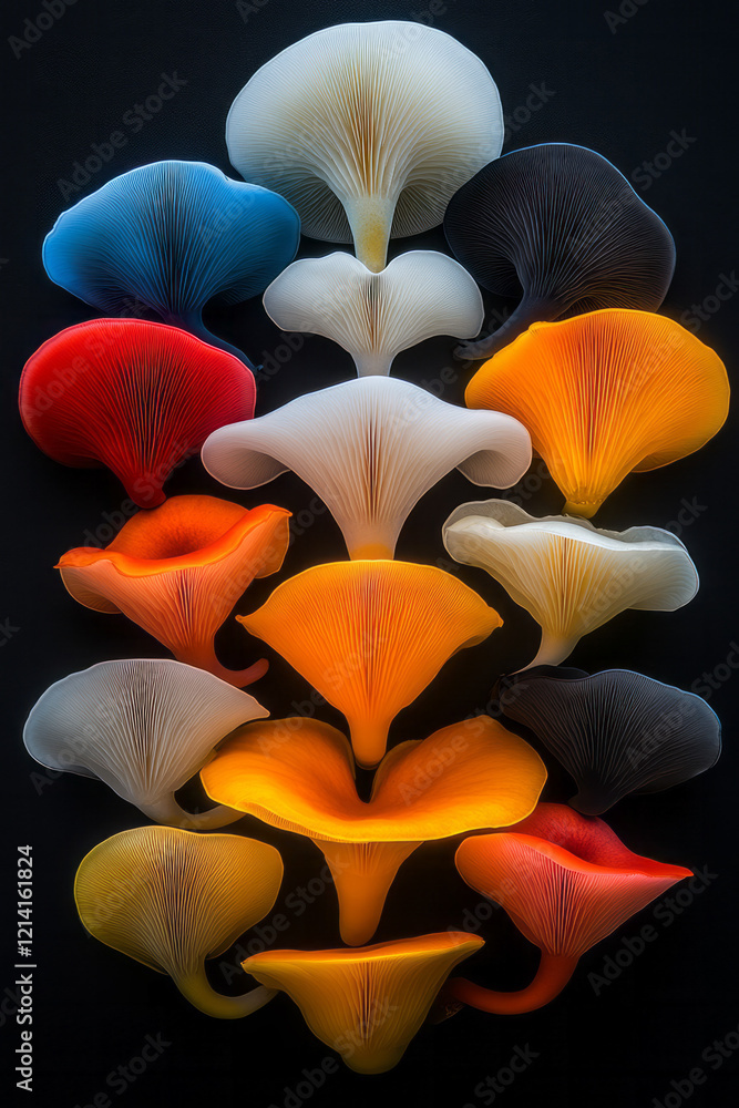 Poster an artistic photograph of a group of umbrella-shaped mushrooms with multicolored caps, arranged crea