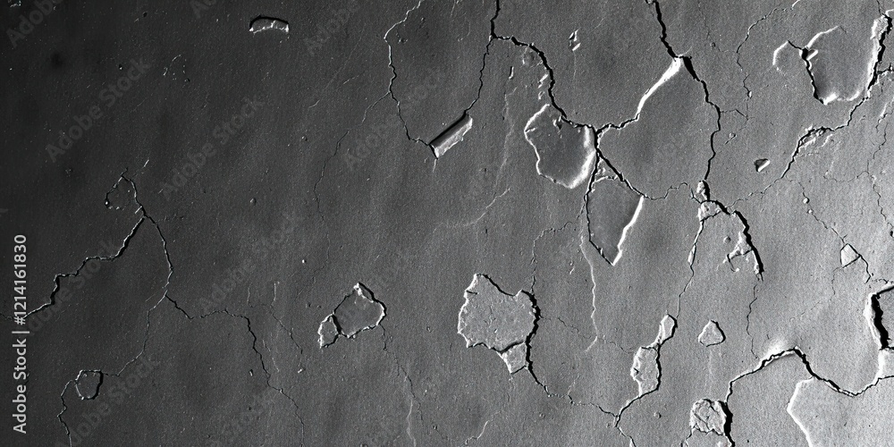 Poster voids and cracks form an intricate pattern on a gray surface, capturing light in a way that enhances