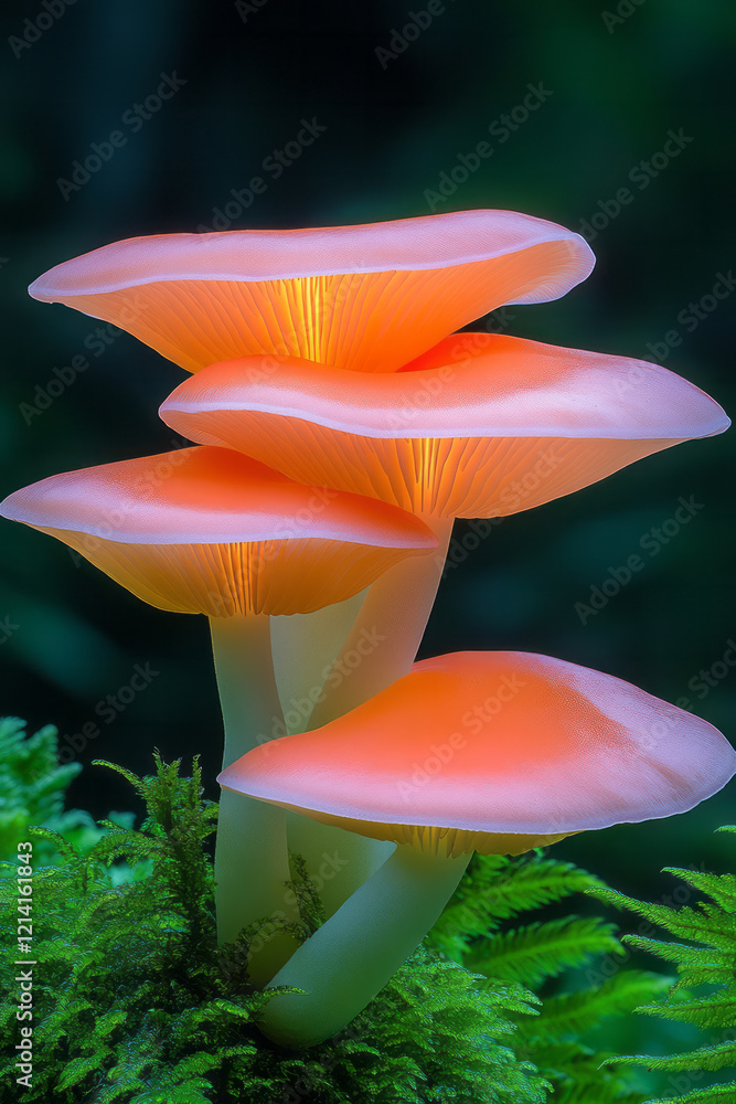Poster a vibrant close-up of exotic mushrooms with bright red and orange hues, set against a soft green bac