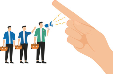 Conflict or opposition, opposition, different ideas or opinions, political or decision-making differences, questions of direction, a group of businessmen standing with megaphones shouting and roaring 