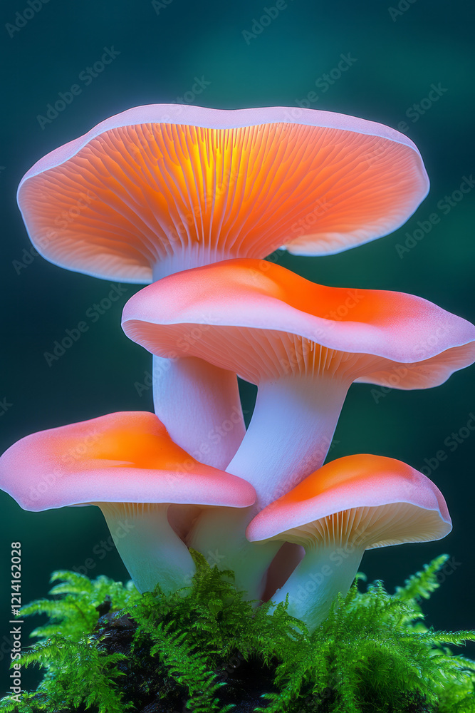 Poster a vibrant close-up of exotic mushrooms with bright red and orange hues, set against a soft green bac