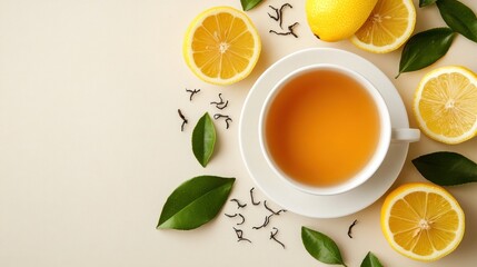 Overhead view of a cup of tea with lemon slices and leaves on a beige background. (1)