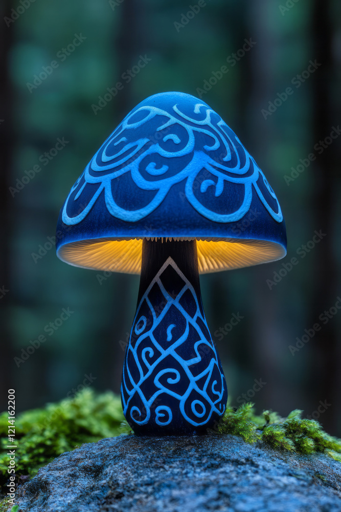 Aufkleber A detailed macro photograph of a rare blue mushroom with unique patterns on its cap, placed on a textured stone surface with a blurred forest backdrop,