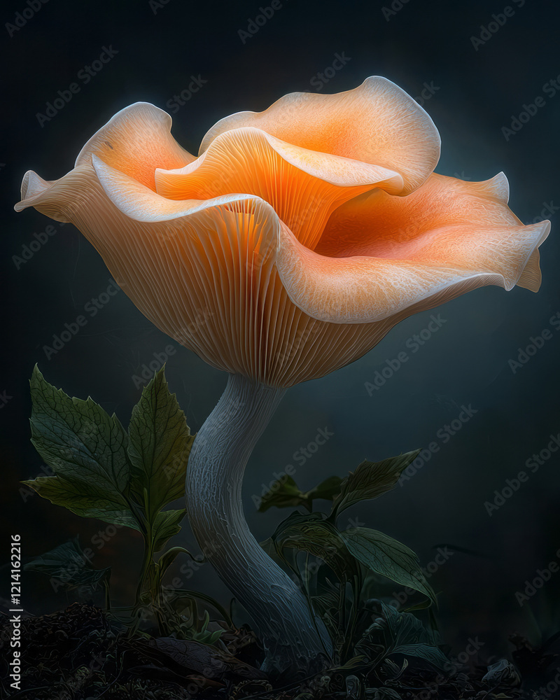 Aufkleber An artistic close-up of a large, umbrella-shaped mushroom with intricate gills and a glossy cap, set against a dark, moody background to emphasize its form,