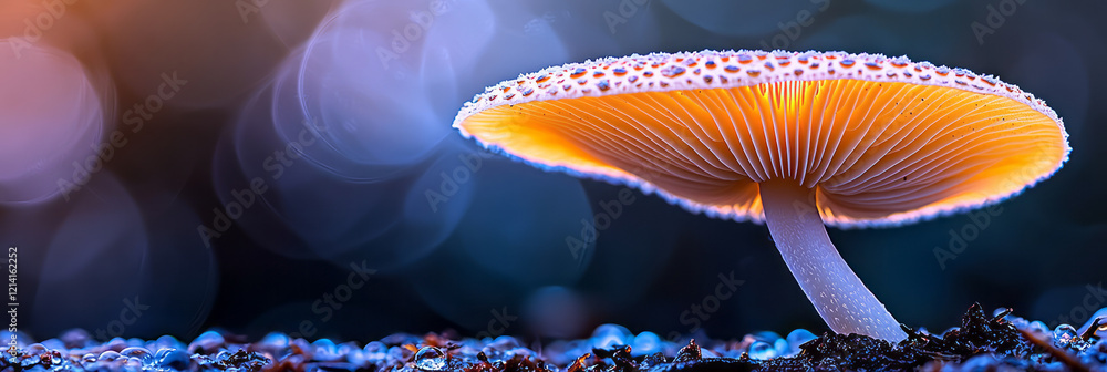 Poster a high-resolution macro image of a speckled mushroom cap, capturing the fine details and natural tex
