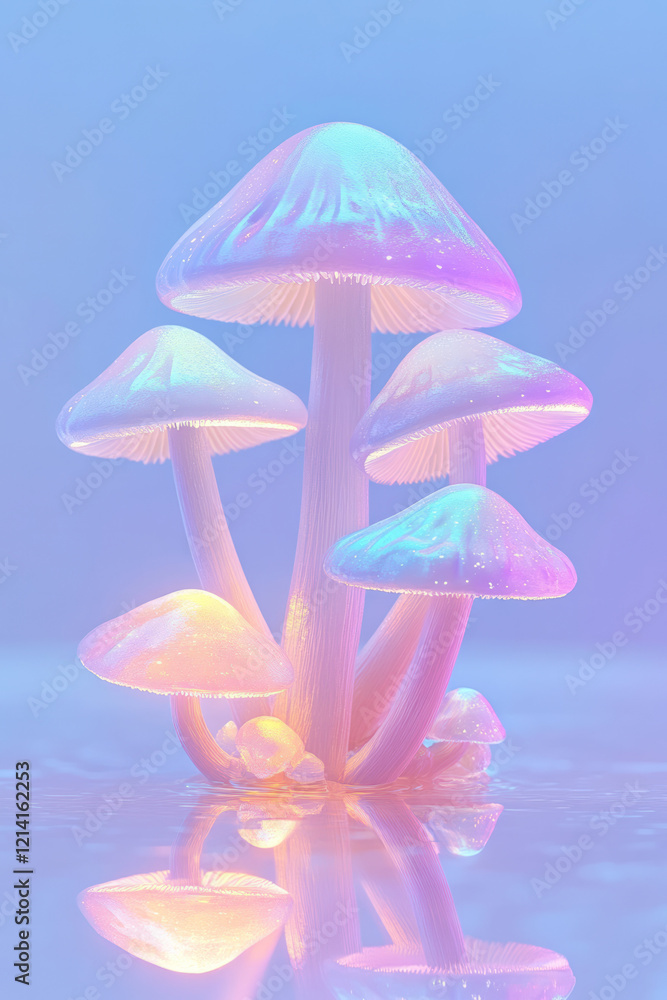 Poster a creative close-up of mushrooms with iridescent colors shimmering in the light, placed on a reflect