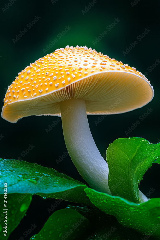 Poster a serene macro photograph of a single large mushroom with a textured cap, surrounded by soft, out-of