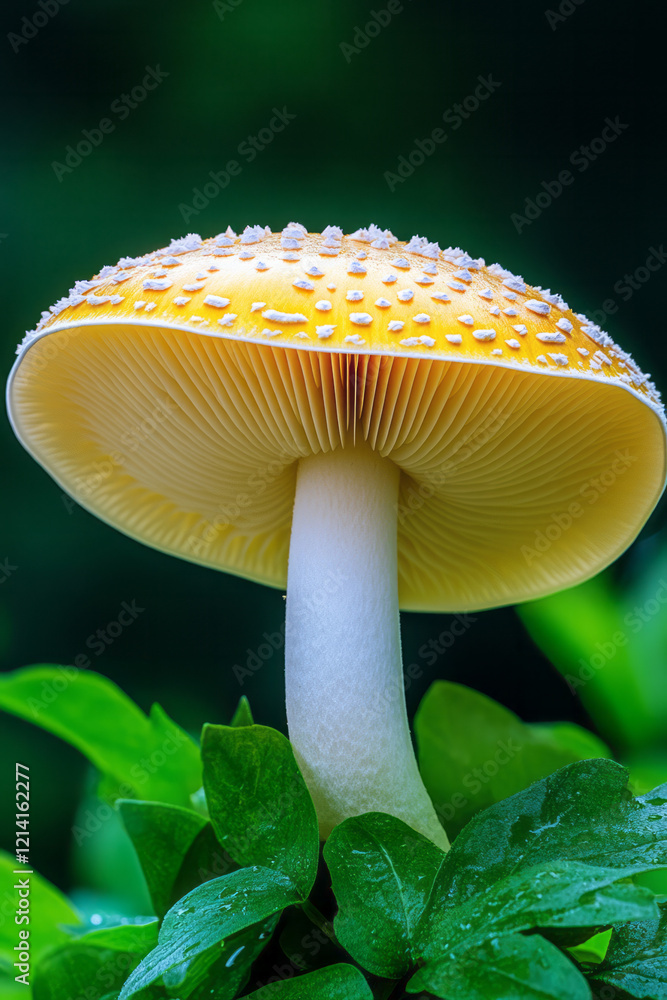 Poster a serene macro photograph of a single large mushroom with a textured cap, surrounded by soft, out-of