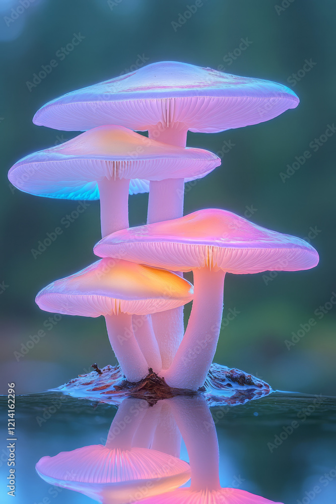 Poster a creative close-up of mushrooms with iridescent colors shimmering in the light, placed on a reflect