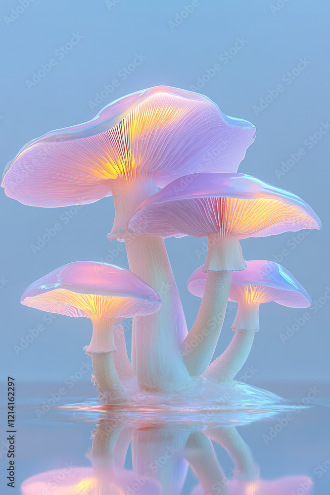 Poster a creative close-up of mushrooms with iridescent colors shimmering in the light, placed on a reflect