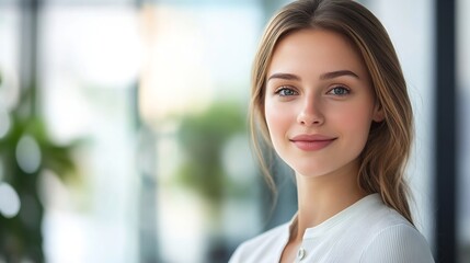 Fototapeta premium Beautiful Young Woman Smiling in Bright Modern Office Environment : Generative AI