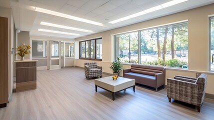 Naklejka premium Bright Comfortable Lobby Lounge with Cozy Seating and Large Windows for Natural Lighting : Generative AI