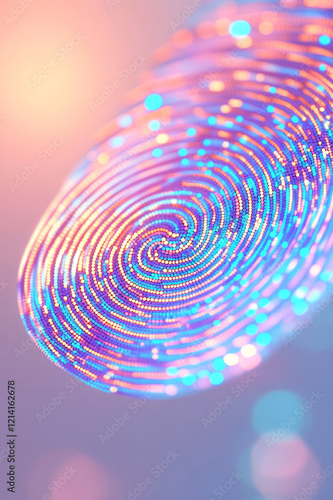 Poster A creative close-up of a fingerprint made up of tiny colorful dots, forming a mosaic effect against a monochromatic, softly blurred background for a unique and eye-catching composition,