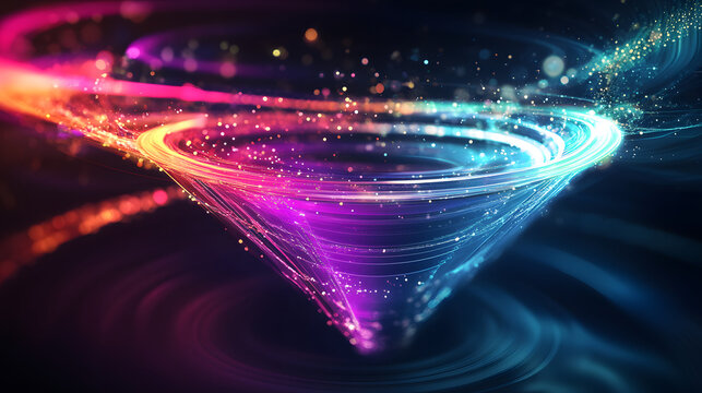 
A glowing funnel diagram showing traffic, leads, and conversions in vibrant colors, abstract background