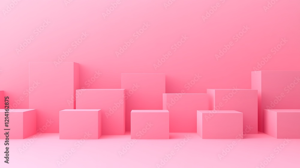 Poster minimalist pink background with geometric shapes displaying various heights and dimensions for creat