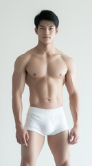 Fototapeta premium The handsome Asian male in white swimming pant