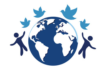 Globe Surrounded by Silhouettes of People Holding Hands, Doves Flying Around, Symbolizing Peace, Unity and Harmony, Vector Illustration