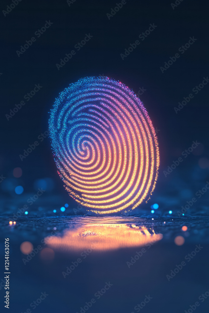 Poster a high-definition macro shot of a fingerprint with vibrant neon colors, creating a striking contrast