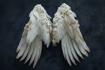 Pair of white folded angel wings are lying on a dark background