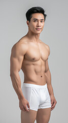 Fototapeta premium The handsome Asian male in white swimming pant