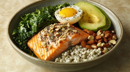 Healthy salmon bowl with egg, avocado, kale, barley, and almonds.