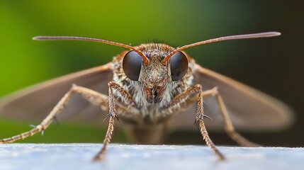 Fototapeta premium Macro Shot of Brown Eyed Insect Staring Intently at Camera Green Background : Generative AI