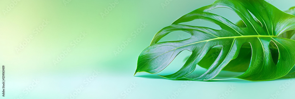 Poster a detailed close-up of a tropical monstera leaf with its unique perforated patterns, illuminated by 